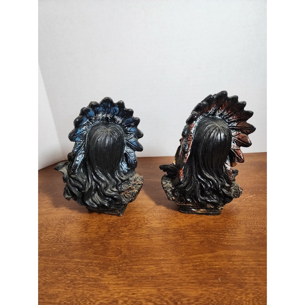2 Resin Native American Warrior Small Bust Blue & Red Feathered Headdress - Picture 3 of 7